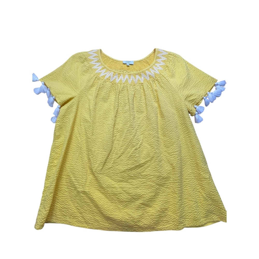 Crown & Ivy Tassel‎ Top Textured Embroidered Neck Short Sleeve Yellow S